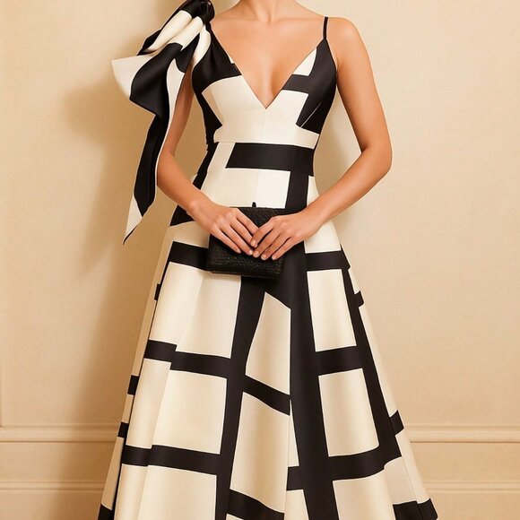 White Elegant Women's One-Shoulder Bow Detail Geometric Print Maxi Dress - Picture 9 of 9